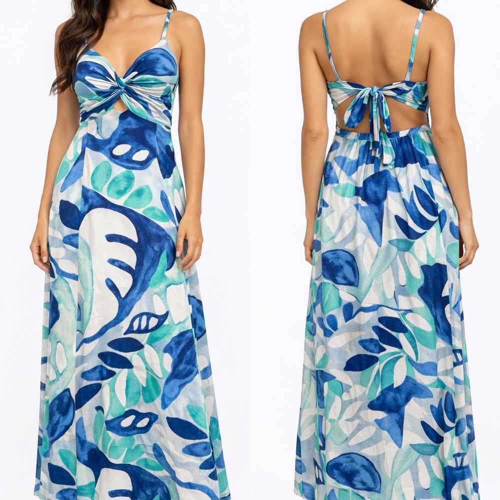 1. State Blue & Teal Tropical Print Maxi Dress